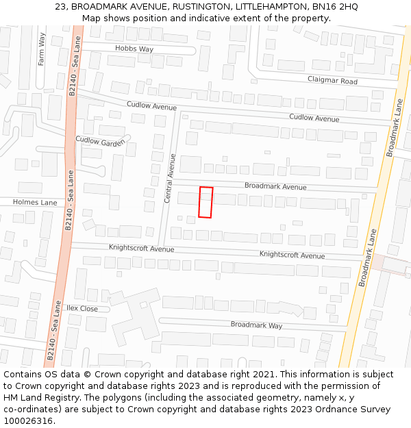 23, BROADMARK AVENUE, RUSTINGTON, LITTLEHAMPTON, BN16 2HQ: Location map and indicative extent of plot