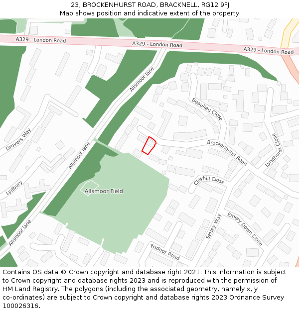 23, BROCKENHURST ROAD, BRACKNELL, RG12 9FJ: Location map and indicative extent of plot