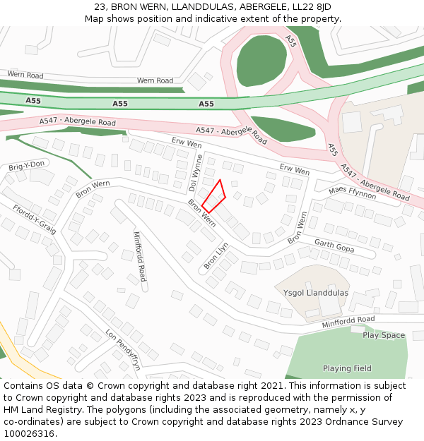 23, BRON WERN, LLANDDULAS, ABERGELE, LL22 8JD: Location map and indicative extent of plot