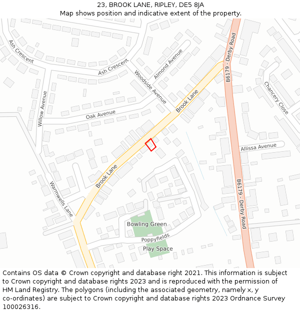 23, BROOK LANE, RIPLEY, DE5 8JA: Location map and indicative extent of plot