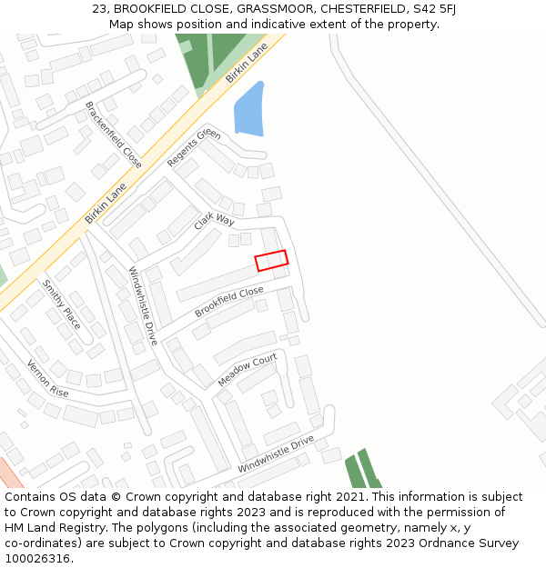 23, BROOKFIELD CLOSE, GRASSMOOR, CHESTERFIELD, S42 5FJ: Location map and indicative extent of plot