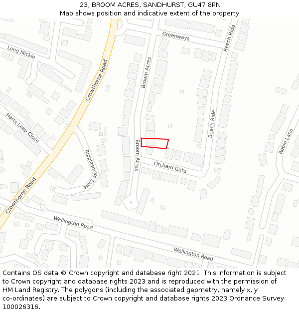 23, BROOM ACRES, SANDHURST, GU47 8PN: Location map and indicative extent of plot