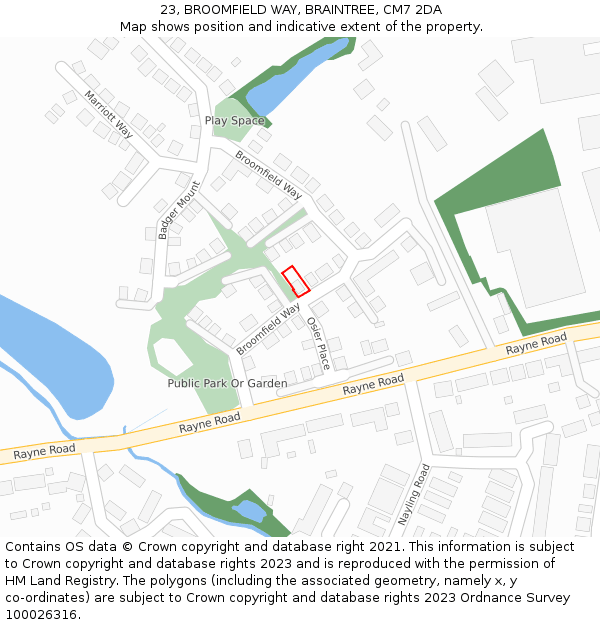 23, BROOMFIELD WAY, BRAINTREE, CM7 2DA: Location map and indicative extent of plot