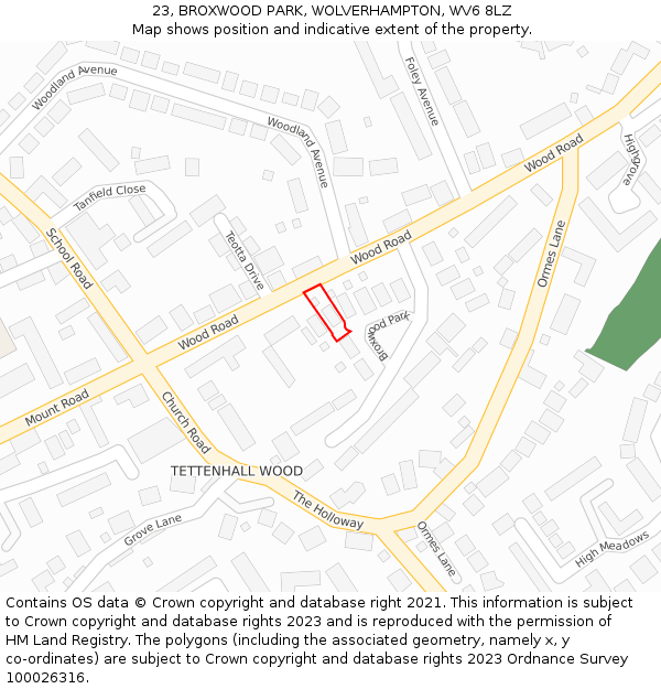 23, BROXWOOD PARK, WOLVERHAMPTON, WV6 8LZ: Location map and indicative extent of plot