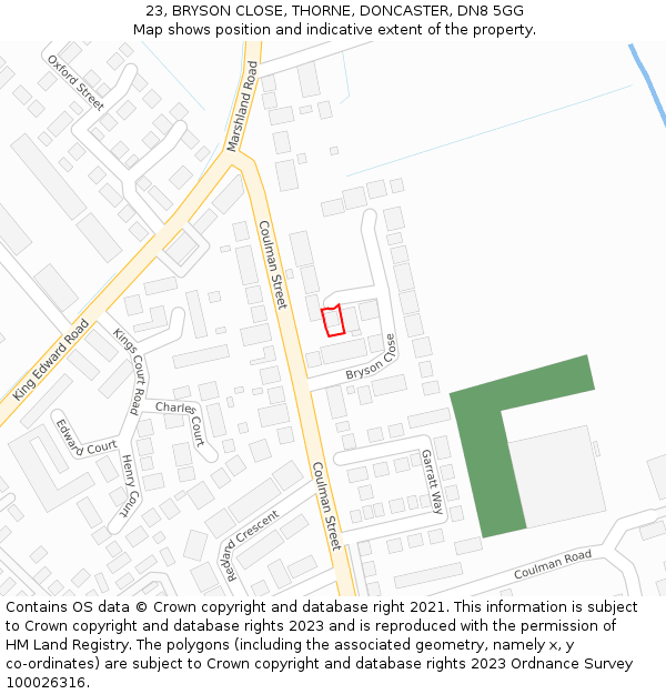 23, BRYSON CLOSE, THORNE, DONCASTER, DN8 5GG: Location map and indicative extent of plot