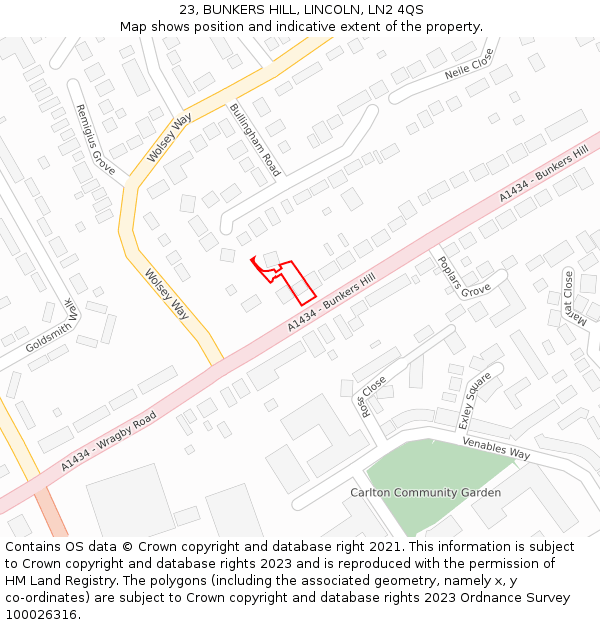 23, BUNKERS HILL, LINCOLN, LN2 4QS: Location map and indicative extent of plot