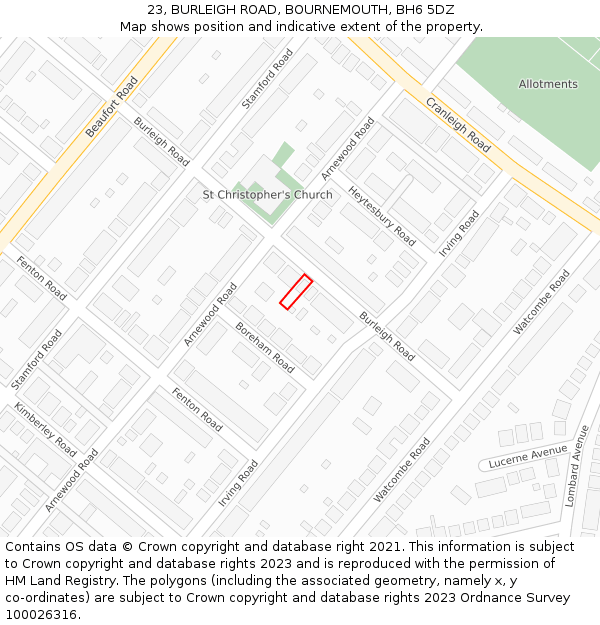 23, BURLEIGH ROAD, BOURNEMOUTH, BH6 5DZ: Location map and indicative extent of plot
