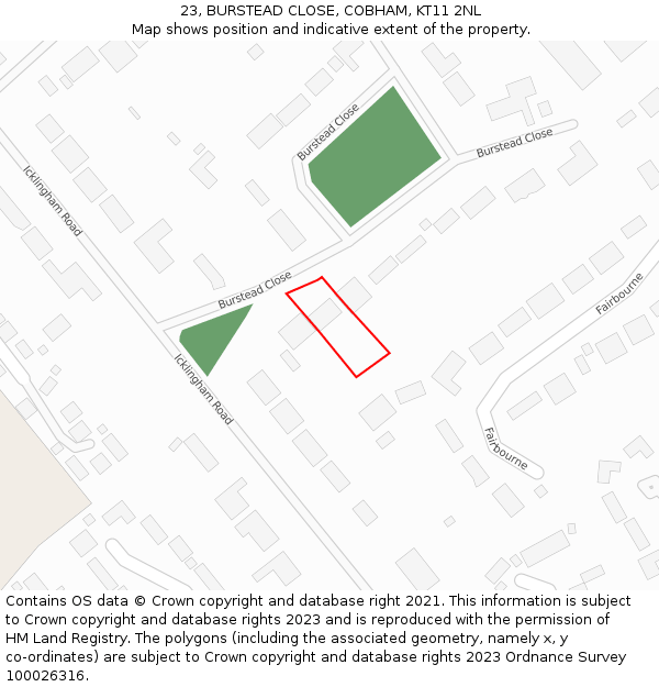 23, BURSTEAD CLOSE, COBHAM, KT11 2NL: Location map and indicative extent of plot