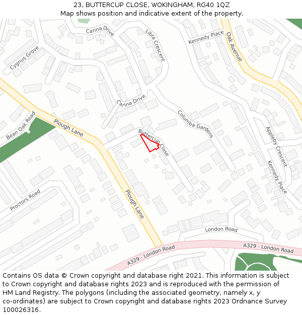23, BUTTERCUP CLOSE, WOKINGHAM, RG40 1QZ: Location map and indicative extent of plot