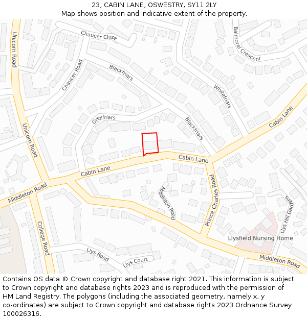 23, CABIN LANE, OSWESTRY, SY11 2LY: Location map and indicative extent of plot