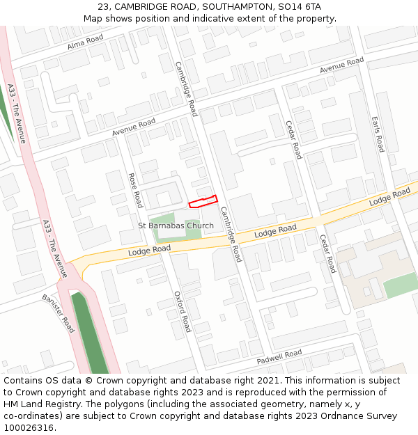 23, CAMBRIDGE ROAD, SOUTHAMPTON, SO14 6TA: Location map and indicative extent of plot