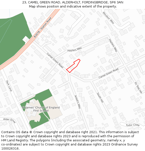 23, CAMEL GREEN ROAD, ALDERHOLT, FORDINGBRIDGE, SP6 3AN: Location map and indicative extent of plot