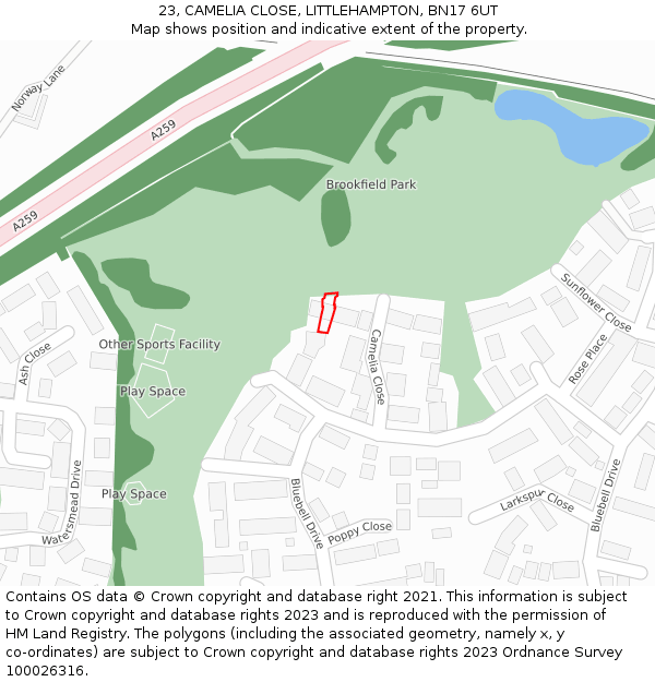 23, CAMELIA CLOSE, LITTLEHAMPTON, BN17 6UT: Location map and indicative extent of plot
