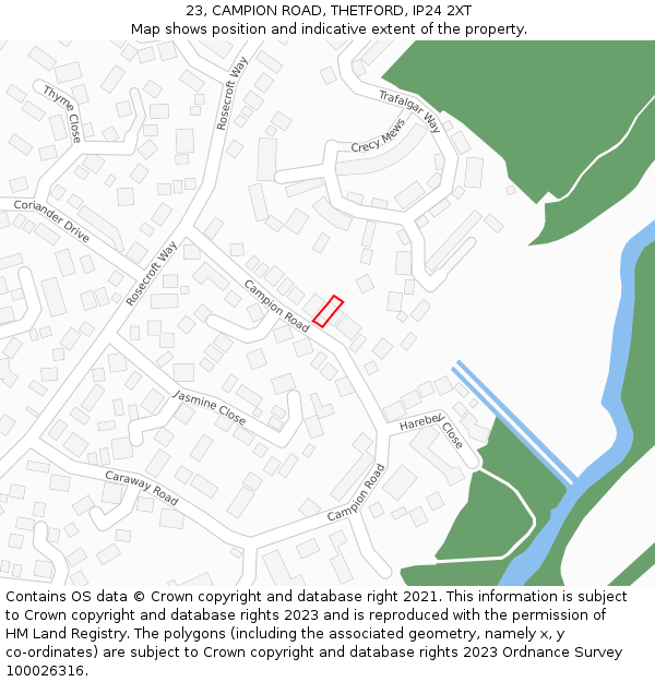 23, CAMPION ROAD, THETFORD, IP24 2XT: Location map and indicative extent of plot