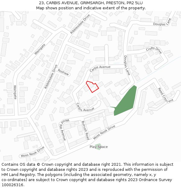 23, CARBIS AVENUE, GRIMSARGH, PRESTON, PR2 5LU: Location map and indicative extent of plot