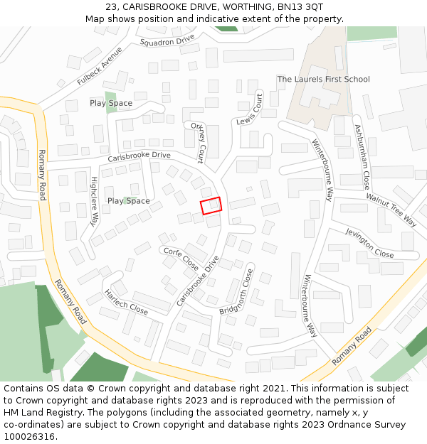 23, CARISBROOKE DRIVE, WORTHING, BN13 3QT: Location map and indicative extent of plot