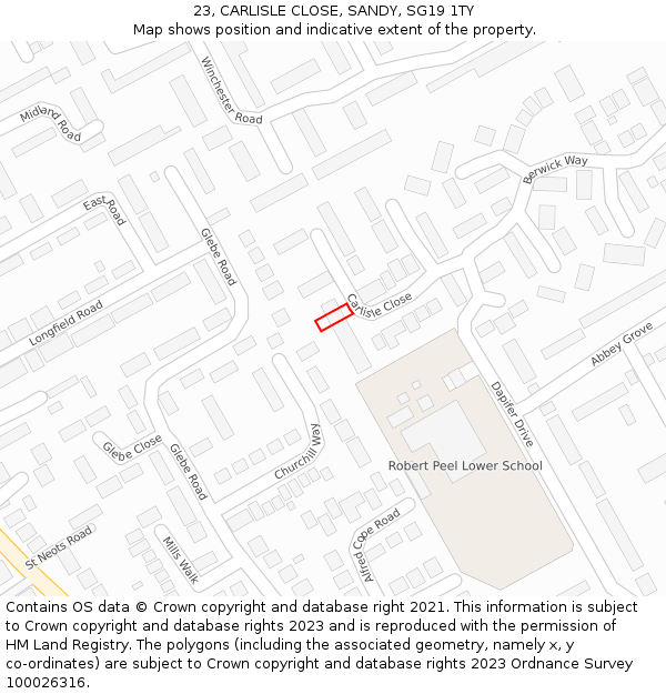 23, CARLISLE CLOSE, SANDY, SG19 1TY: Location map and indicative extent of plot