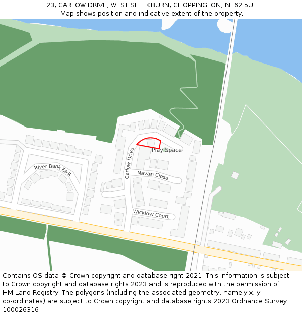 23, CARLOW DRIVE, WEST SLEEKBURN, CHOPPINGTON, NE62 5UT: Location map and indicative extent of plot