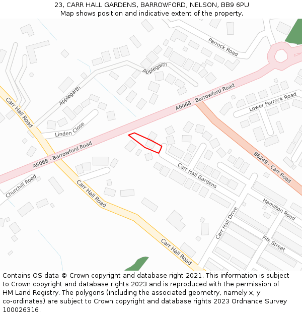 23, CARR HALL GARDENS, BARROWFORD, NELSON, BB9 6PU: Location map and indicative extent of plot