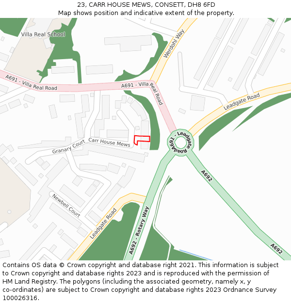 23, CARR HOUSE MEWS, CONSETT, DH8 6FD: Location map and indicative extent of plot