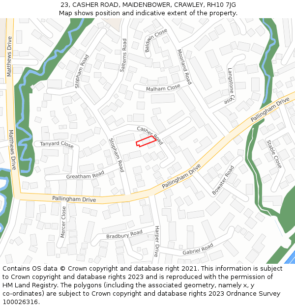 23, CASHER ROAD, MAIDENBOWER, CRAWLEY, RH10 7JG: Location map and indicative extent of plot