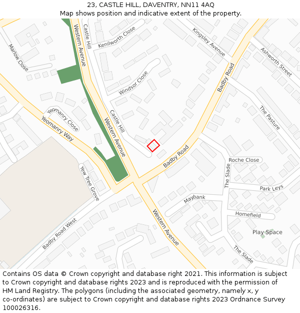 23, CASTLE HILL, DAVENTRY, NN11 4AQ: Location map and indicative extent of plot
