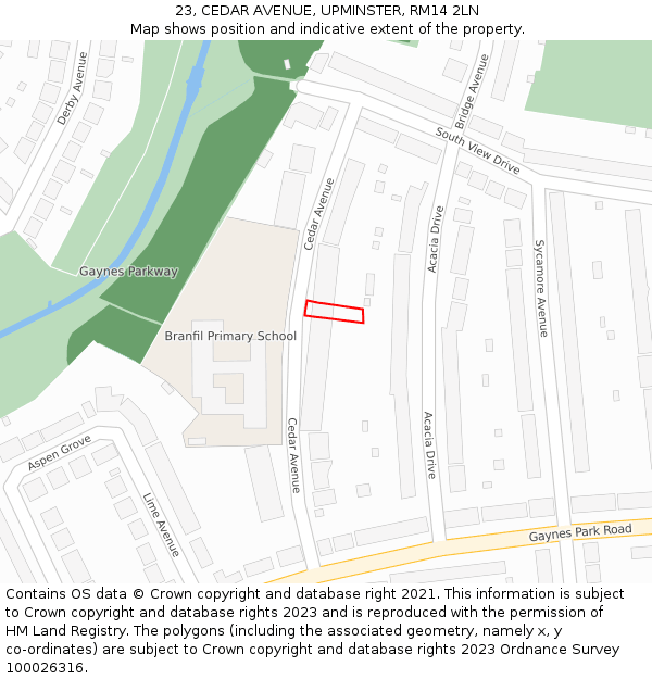 23, CEDAR AVENUE, UPMINSTER, RM14 2LN: Location map and indicative extent of plot