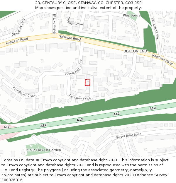 23, CENTAURY CLOSE, STANWAY, COLCHESTER, CO3 0SF: Location map and indicative extent of plot