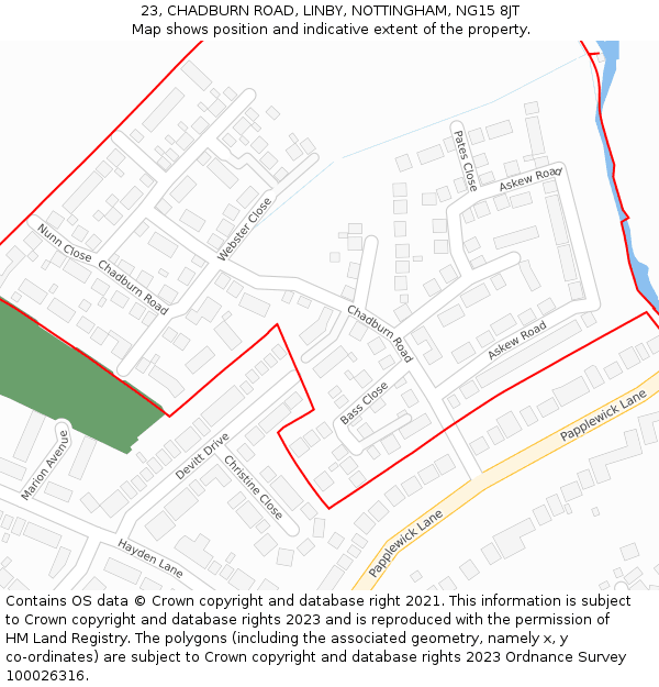 23, CHADBURN ROAD, LINBY, NOTTINGHAM, NG15 8JT: Location map and indicative extent of plot