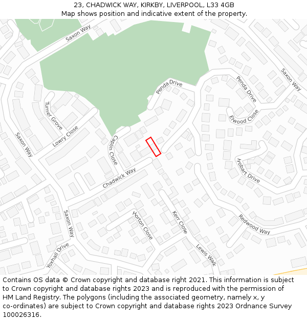 23, CHADWICK WAY, KIRKBY, LIVERPOOL, L33 4GB: Location map and indicative extent of plot