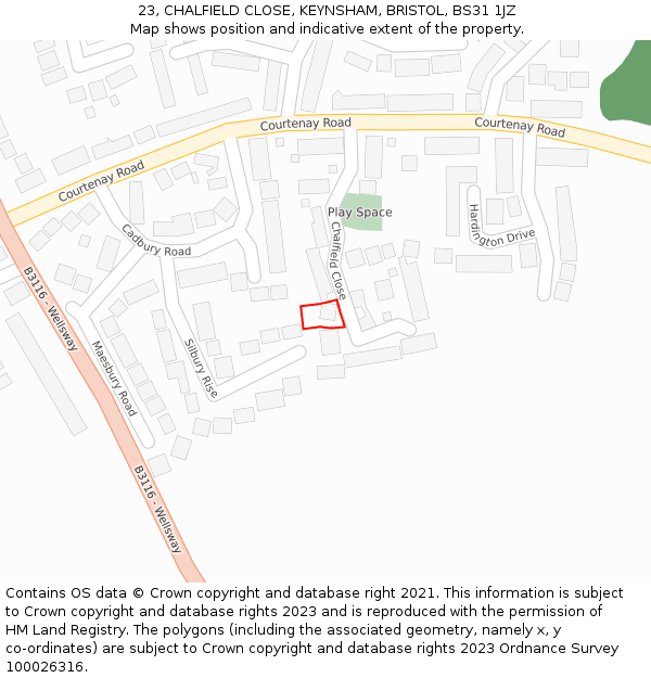 23, CHALFIELD CLOSE, KEYNSHAM, BRISTOL, BS31 1JZ: Location map and indicative extent of plot