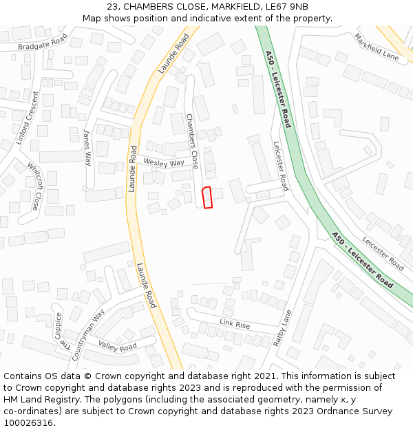 23, CHAMBERS CLOSE, MARKFIELD, LE67 9NB: Location map and indicative extent of plot
