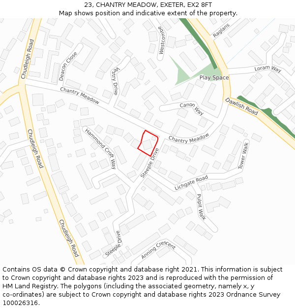 23, CHANTRY MEADOW, EXETER, EX2 8FT: Location map and indicative extent of plot