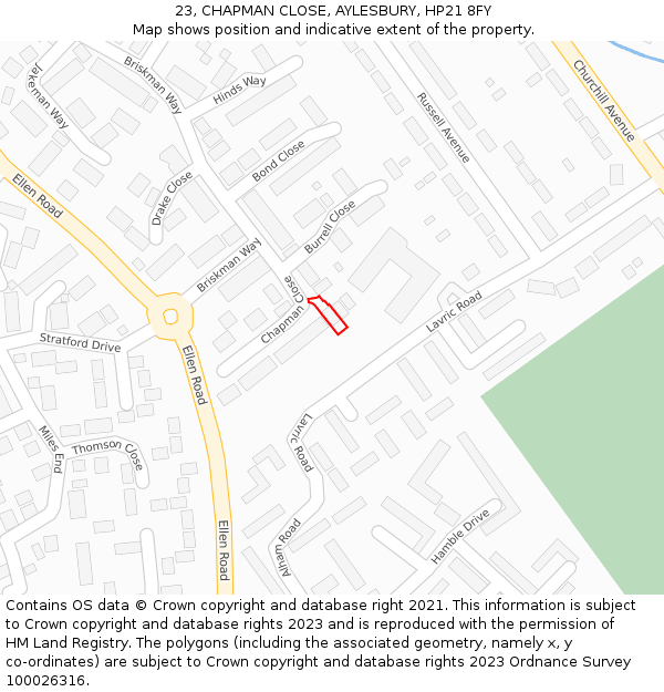 23, CHAPMAN CLOSE, AYLESBURY, HP21 8FY: Location map and indicative extent of plot