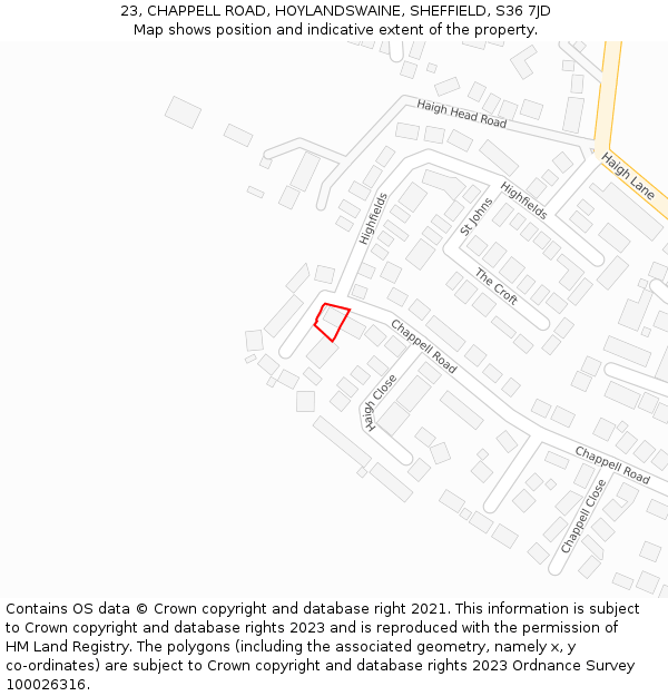 23, CHAPPELL ROAD, HOYLANDSWAINE, SHEFFIELD, S36 7JD: Location map and indicative extent of plot