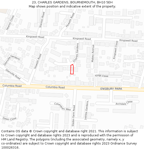 23, CHARLES GARDENS, BOURNEMOUTH, BH10 5EH: Location map and indicative extent of plot