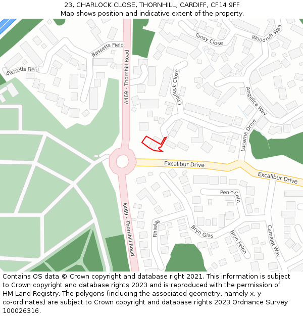 23, CHARLOCK CLOSE, THORNHILL, CARDIFF, CF14 9FF: Location map and indicative extent of plot