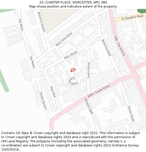 23, CHARTER PLACE, WORCESTER, WR1 3BX: Location map and indicative extent of plot