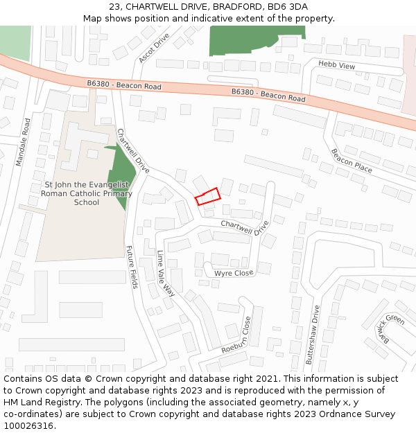 23, CHARTWELL DRIVE, BRADFORD, BD6 3DA: Location map and indicative extent of plot