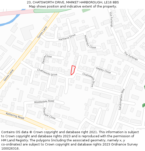 23, CHATSWORTH DRIVE, MARKET HARBOROUGH, LE16 8BS: Location map and indicative extent of plot