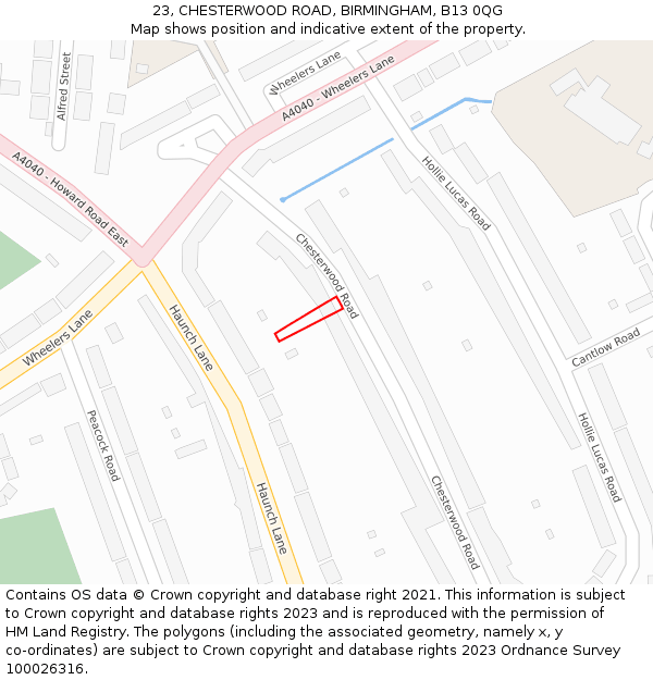 23, CHESTERWOOD ROAD, BIRMINGHAM, B13 0QG: Location map and indicative extent of plot