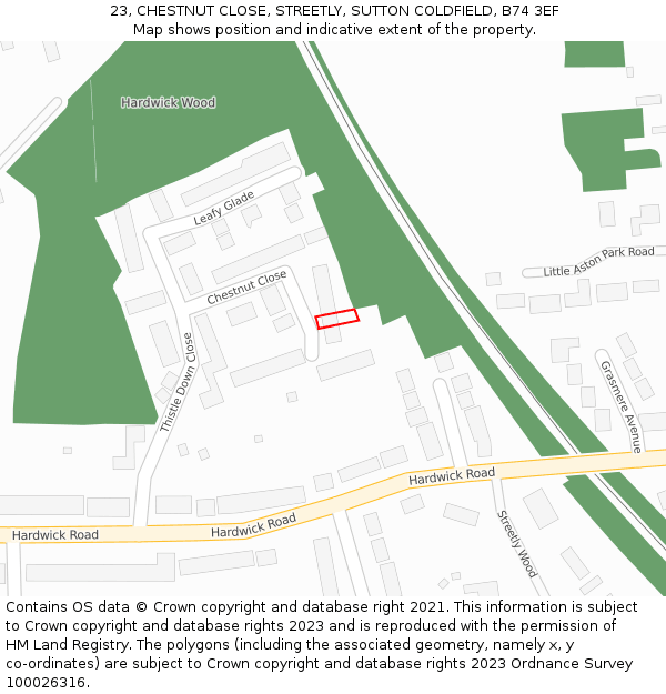 23, CHESTNUT CLOSE, STREETLY, SUTTON COLDFIELD, B74 3EF: Location map and indicative extent of plot