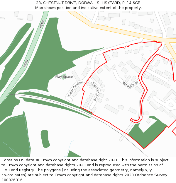 23, CHESTNUT DRIVE, DOBWALLS, LISKEARD, PL14 6GB: Location map and indicative extent of plot