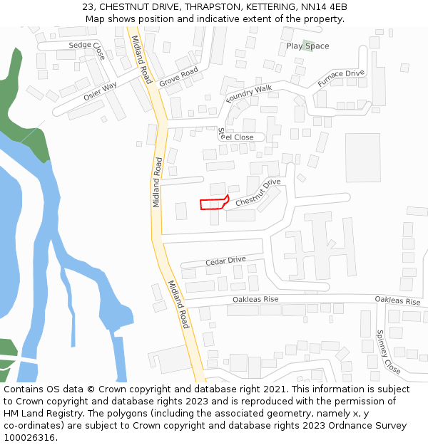 23, CHESTNUT DRIVE, THRAPSTON, KETTERING, NN14 4EB: Location map and indicative extent of plot