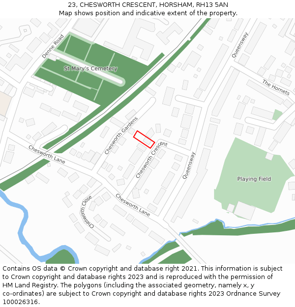 23, CHESWORTH CRESCENT, HORSHAM, RH13 5AN: Location map and indicative extent of plot