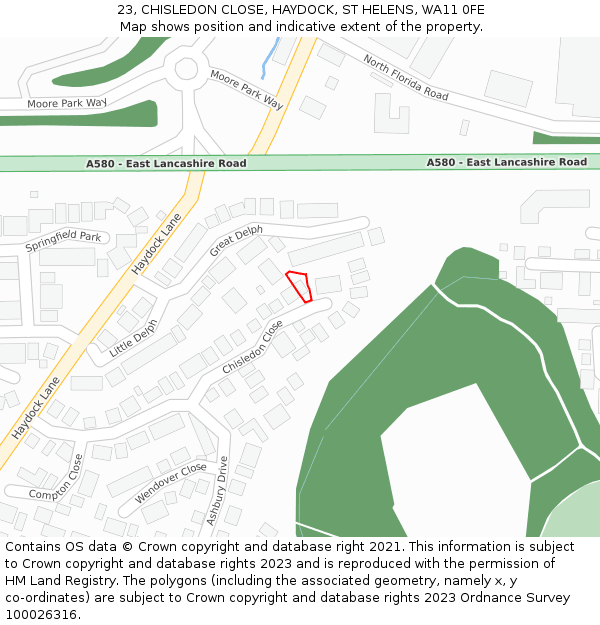 23, CHISLEDON CLOSE, HAYDOCK, ST HELENS, WA11 0FE: Location map and indicative extent of plot