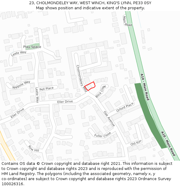 23, CHOLMONDELEY WAY, WEST WINCH, KING'S LYNN, PE33 0SY: Location map and indicative extent of plot