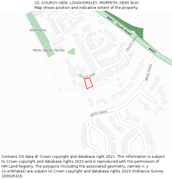 23, CHURCH VIEW, LONGHORSLEY, MORPETH, NE65 8UH: Location map and indicative extent of plot