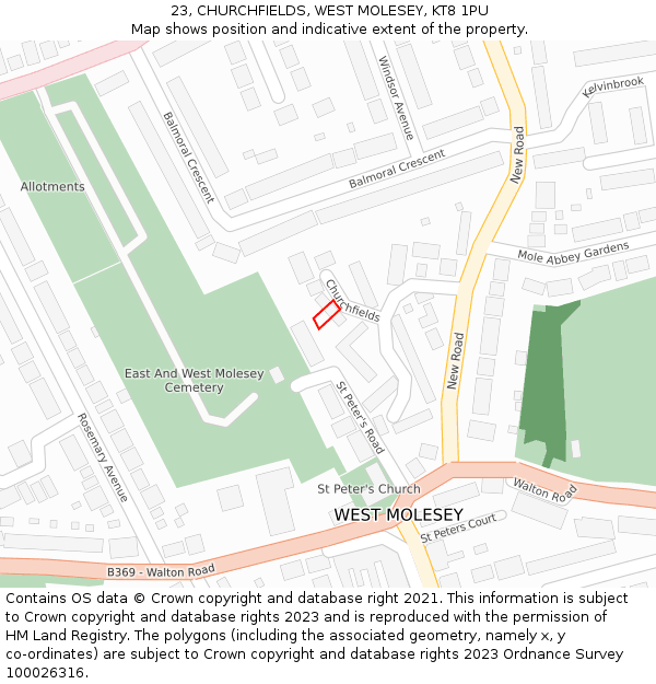 23, CHURCHFIELDS, WEST MOLESEY, KT8 1PU: Location map and indicative extent of plot