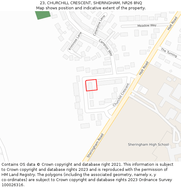 23, CHURCHILL CRESCENT, SHERINGHAM, NR26 8NQ: Location map and indicative extent of plot